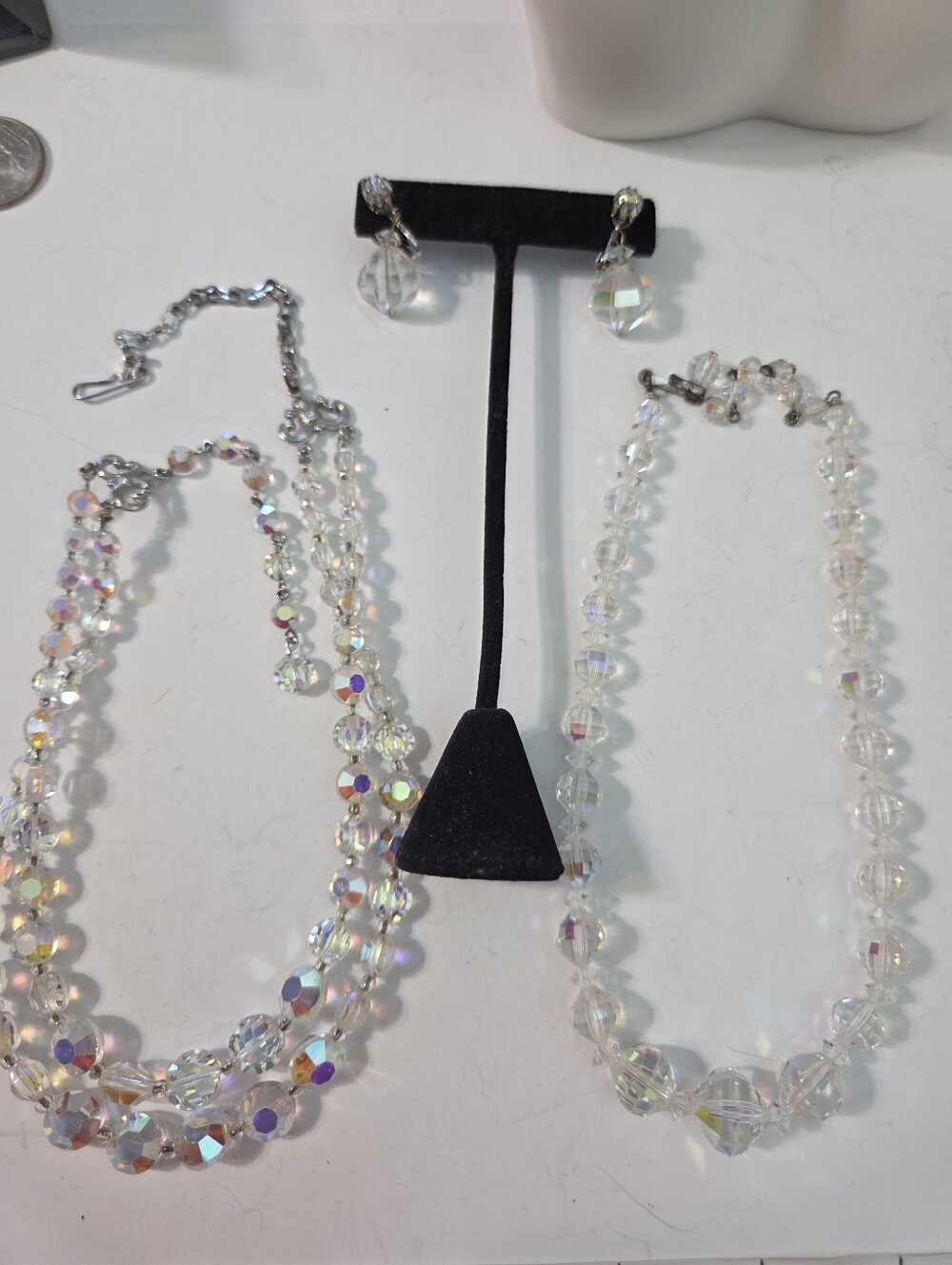 vtg 50s launa 3pc ab rock crystal nacklace choker clip earring set sparkly